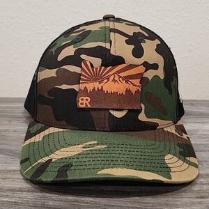 Black Rock Coffee Bend Oregon Camouflage Trucker Hat with Leather Oregon Patch